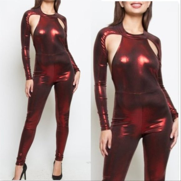 MODA ME COUTURE Pants - YASMINE Burgundy Metallic Jumpsuit